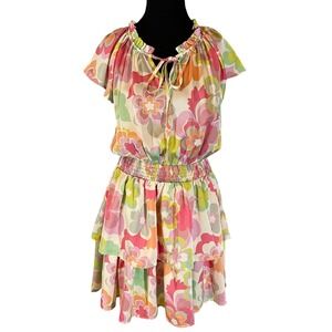 Doe and Rae Floral Smocked Tiered Ruffle Mini Dress Pink Orange Green M Retro